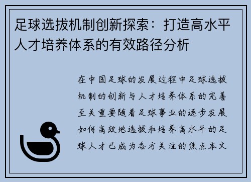 足球选拔机制创新探索：打造高水平人才培养体系的有效路径分析