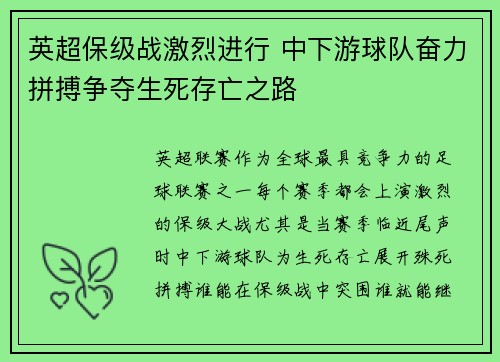 英超保级战激烈进行 中下游球队奋力拼搏争夺生死存亡之路